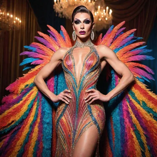 Prompt: image of a (muscular body) gorgeous 25-year-old Czechian drag queen with a large busom wearing a flamboyant, yet conservative Bob Mackie designer Gown, hyper-realistic quality, ultra-detailed 4K imagery.