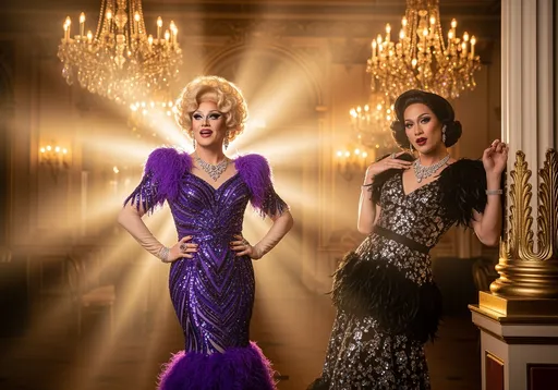 Prompt: Visualize a glamorous scene featuring two stunning 35-year-old drag queens adorned in stunning Bob Mackie creations, captured during a luxurious evening event. The setting is an opulent ballroom, lavishly decorated with sparkling chandeliers casting a warm golden glow over the space. Gentle rays of light illuminate the intricate details of their gowns, embellished with sequins and feathers that catch the light as they move. One 35-year-old french drag queen, with a confident smile, poses playfully with one hand on her hip, her dramatic makeup enhancing her captivating gaze. The other 35-year-old Filipino drag queen, exuding classic charm, leans against an ornate column, her expression one of playful mischief. Soft music fills the air, and the atmosphere is electric with excitement, reminiscent of a glamorous 80s pop era. This scene would be best represented in a cinematic lighting style, evoking nostalgia and star-studded allure.