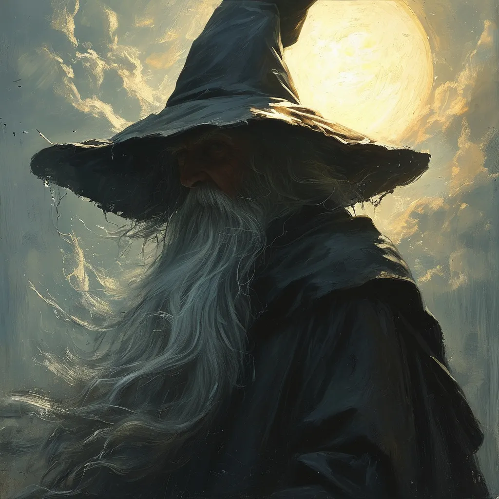 Prompt: There's no sun in the shadow of the wizard
See how he glides, why he's lighter than air
Oh I see his face!