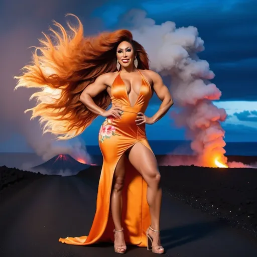 Prompt: Hi-res, 8k hd, Full body photography, Gorgeous tall ultra-muscular Samoan drag queen Goddess, 35 years old, ultra-long frizzy dark orange hair (((blowing in wind))), hazel eyes, long muscular legs, muscular physique, immaculate makeup, smiling, lush curvy figure, short floral Hawaiian dress, 8 inch high heel shoes, standing in front of Kīlauea volcano at night, fog, 8k photo, ads-fashion editorial, elegant, stylish, Japanese culture, detailed features, highres, natural lighting, vibrant colors. Full length photography, full body photography. Ultra-detailed,  ultra-realistic. 