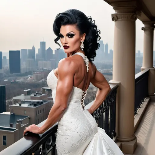 Prompt: Imagine Dolph Lundgren dressed as a Gorgeous ultra-muscular 25-year-old drag queen bodybuilder with ridiculously long wavy black updo hairstyle wearing an elegant white wedding dress, standing on the balcony of her luxurious mansion overlooking the city skyline. Dark smoky eyeshadow,  heavy eyeliner & mascara, and dark red lipstick. The gown features delicate lace detailing along its bodice and halter neckline, complemented by sheer sleeves that accentuate her figure's curves. Her pose is confident yet graceful as she gazes out at the horizon, embodying grace and elegance in timeless beauty in the style of a classic painting