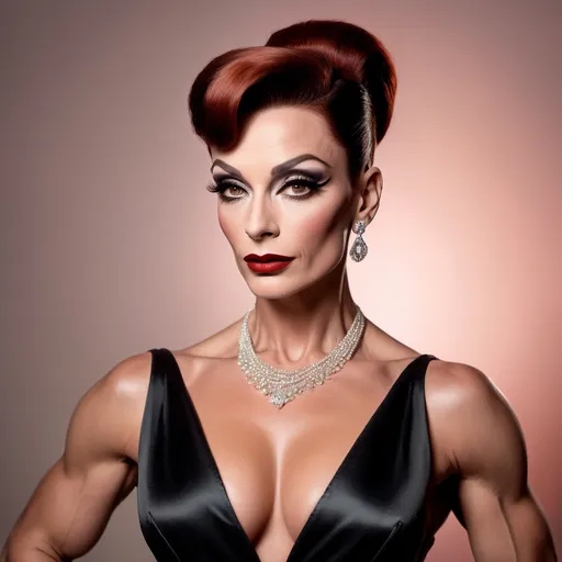 Prompt: photorealistic, (old Hollywood style), (sophisticated gorgeous muscular 35-year-old Austrian drag queen bodybuilder (strong masculine jawline and brow features)), elegant attire reminiscent of Audrey Hepburn, full length body, dark orange hair styled in vintage glamour, dark smoky eyeshadow and dark red lipstick,  soft lighting capturing a nostalgic atmosphere, muted pastel colors, timeless beauty, luxurious and refined setting, classic film vibe, vintage glamour, HD, ultra-detailed,