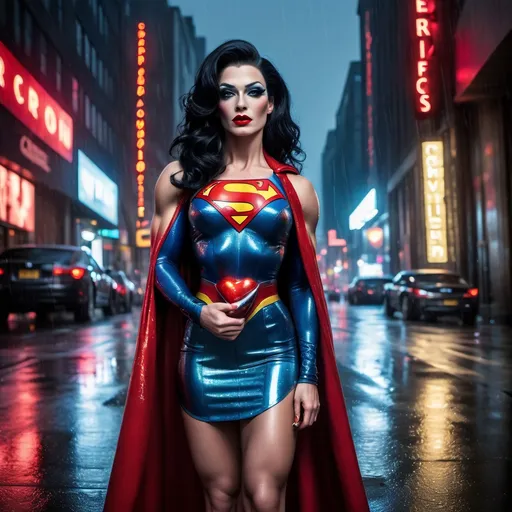 Prompt: Superman dress as A hyper realistic flawless 25-year-old gorgeous Northern European drag queen bodybuilder with black hair walking the streets as a classy debutante on a dark and rainy night. Heavy eye makeup. Dark red lipstick.