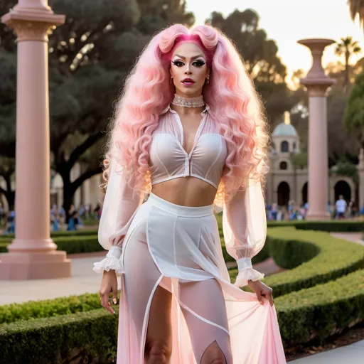 Prompt: Gorgeous muscular 25-year-old Czechian drag queen with long curly pink hair, walking at sunset in San Diego Balboa Park wearing a sheer see through blouse with a long sheer skirt and high heel boots, hair up in a bun, with a choker necklace on, looking to side solemn expression, naughty Victorian style