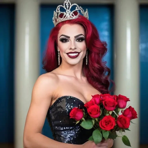 Prompt: Gorgeous muscular 18-year-old caucasian Hungarian drag queen prom queen bodybuilder (extremely strong masculine facial features) smiling beautifully while posing on the (high school) gymnasium stage holding a bouquet of roses. Long wavy very stylish dark red hair, dark eyeshadow, dark lipstick, heavy mascara,  large busom. Beautiful, classy, and flirty sequined gown, 8 inch stiletto high heel shoes.