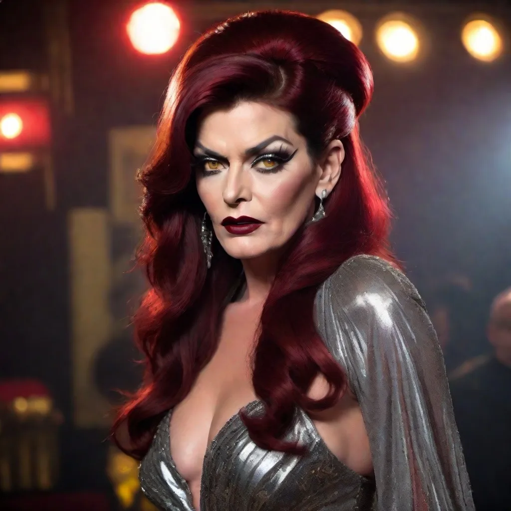 Prompt: image of Charlie Sheen dressed as a gorgeous 25-year-old (((full figured))) Czechian drag queen with very long professionally styled Dark red hair, wearing a flamboyant, yet conservative black yellow and silver Bob Mackie designer Gown, heavy eye makeup,  dark red lipstick, posing in a smokey Cabaret. hyper-realistic quality, ultra-detailed 4K imagery.