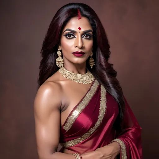 Prompt: Full body hi-res 64k digital photograph of A beautiful muscular 35-year-old Indian drag queen (very strong masculine jawline and brow features) with dark red long hair, wearing an elegant saree, dark eyeshadow and dark lipstick, with a gorgeous look on her face and her lower lips slightly open, exuding passion, ready to bring joy and intimacy to your honeymoon nights as your loving wife. 