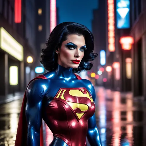 Prompt: Superman dress as A hyper realistic flawless 25-year-old gorgeous Northern European drag queen bodybuilder with black hair walking the streets as a classy debutante on a dark and rainy night. Heavy eye makeup. Dark red lipstick.