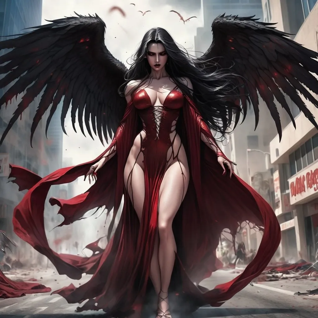 Prompt: Gorgeous, muscular, female, angel of death wearing dark and bloody robes. Ridiculously large wings. Ridiculously long flowing black hair. Flying over the streets of Los Angeles during Armageddon. 