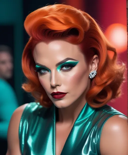 Prompt: Ben Affleck dressed up as a Gorgeous 25-year-old Czechian drag queen bodybuilder, short swept over stylish orange hair, smoky eyeshadow,  dark red lipstick, retrofuturistic film noir by Quentin Tarantino, teal glowing haze dreamy atmosphere.