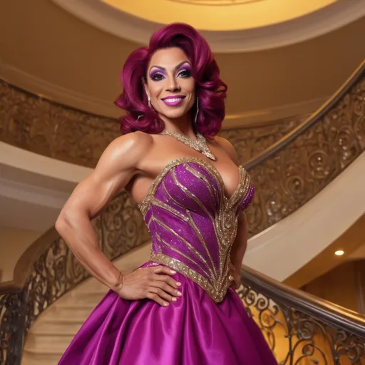 Prompt: Gorgeous muscular 35-year-old Egyptian drag queen bodybuilder with auburn hair and big busom, standing on a beautiful golden spiral staircase wearing a magenta satin ball gown and amethyst jewels She is looking towards the camera with a sly smile.  Her hair is falling down around her shoulders. Photorealistic. Ground level shot