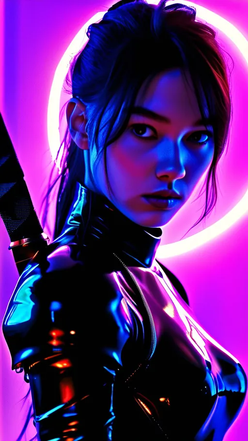 Prompt: a woman in a costume with a sword in her hand and a circle behind her, with a neon light, Eve Ryder, cobra, purple, cyberpunk art