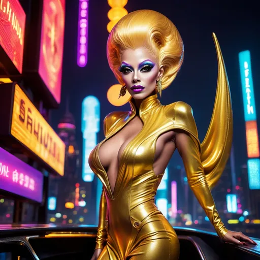 Prompt: Gorgeous alien drag queen wearing golden robes and 8 inch stiletto high heels. Posing with a futuristic city background.