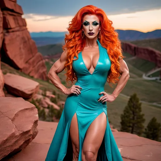 Prompt: A gorgeous muscular 35-year-old Turkish drag queen bodybuilder with large busom, dark eye makeup, dark lipstick, a long curly bright orange hair, wearing an asymmetrical teal gown, and 8 inch platform stiletto high heel knee-high boots,  Colorado Red Rocks at sundown in the background. 