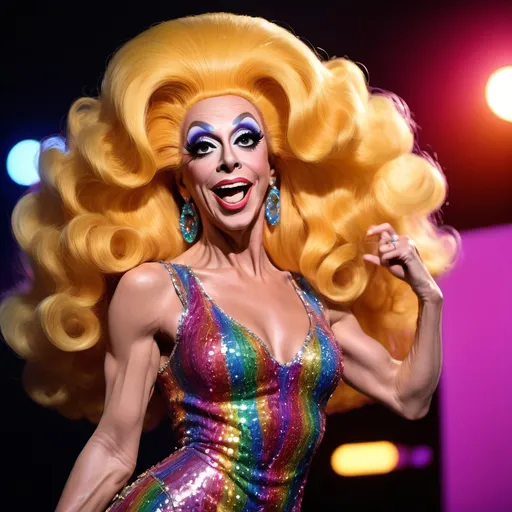 Prompt: Don Knotts  dressed up as a gorgeous ultra-muscular 25-year-old drag queen young Cher performing on stage.