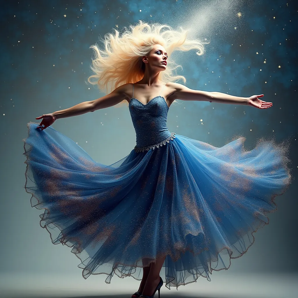 Prompt: a stunning depiction of a gorgeous 25-year-old Swedish drag queen dancer whose flowing movements create beautiful, swirling galaxies. The dancer's form and dress are painted with stars and cosmic dust, illustrating the harmony between human expression and the universe. Light background