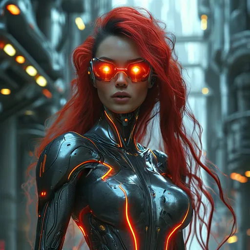 Prompt: Futuristic muscular 25-year-old Dutch goddess cyborg with red lit eyes, well endowed and long dark red flowing hair walking down a hill of a futuristic sterile concrete and iron cityscape 