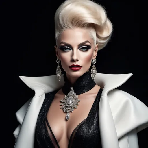 Prompt: A mesmerizing portrait graces the cover of an elite fashion magazine, capturing the essence of high-end sophistication. Set against a jet-black backdrop, the gorgeous, muscular, Polish, drag queen, model exudes confidence and allure, adorned in exquisite fashion garments that epitomize elegance and class. This breathtaking image transcends traditional notions of style, embodying an innovative vision of haute couture that pushes the boundaries of modern aesthetics.