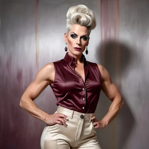 Prompt: oil painting of gorgeous muscular 45-year-old German drag queen with a (salt & pepper bun hairstyle), wearing an (elegant sleeveless maroon button-up blouse) and (off-white fancy pants), strikes a (modeling pose) near a perfectly designed silver aesthetic wall and multicolored curtain, Captured in a (low angle shot), showcasing her (detailed features). 