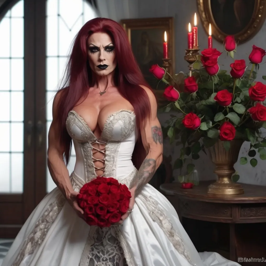 Prompt: A HD 4k 3D 8k professional full-body modeling photo of a gorgeous muscular 35-year-old Hungarian drag queen bodybuilder (long dark red hair, dark lipstick, dark eye makeup,  and big busom) dressed in a medieval wedding dress and a long bouquet of roses in hands falling down to her feet, magical realism, very very beautiful, very detailed oil painting


