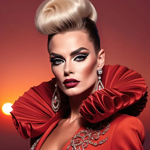 Prompt: A mesmerizing portrait graces the cover of an elite fashion magazine, capturing the essence of high-end sophistication. Set against a sunset-red backdrop, the gorgeous, muscular, Hungarian drag queen (slight masculine jawline and brow features), model exudes confidence and allure, adorned in exquisite fashion garments that epitomize elegance and class. This breathtaking image transcends traditional notions of style, embodying an innovative vision of haute couture that pushes the boundaries of modern aesthetics.