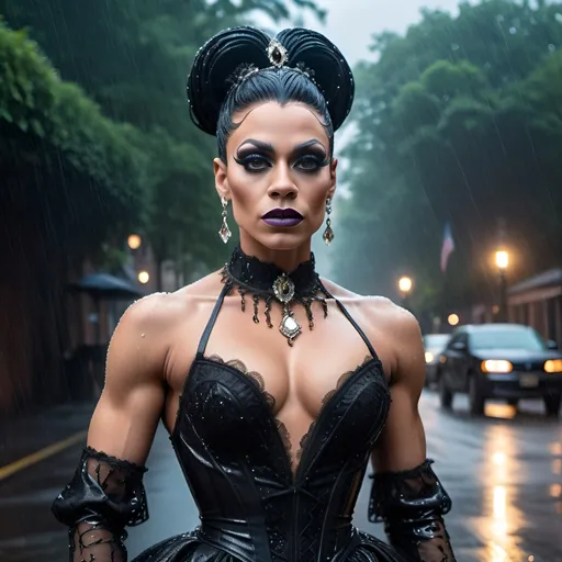 Prompt: Gorgeous muscular 25-year-old Victorian gothic drag queen (strong masculine jawline and brow) standing in the rain, full body, detailed lace gown, intricate jewelry, hauntingly beautiful, high quality, gothic, vintage, dramatic lighting, vibrant color tones