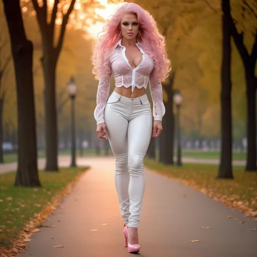 Prompt: A gorgeous ultra-muscular 25-year-old Czechian goddess bodybuilder with huge busom, ridiculously long wavy pink hair and long muscular legs wearing white leather pants, a pink lacey sheer blouse, and 8 inch stiletto high heel shoes walking through the park at dusk. Glamour makeup.  Ultra-realistic.  Ultra-detailed 