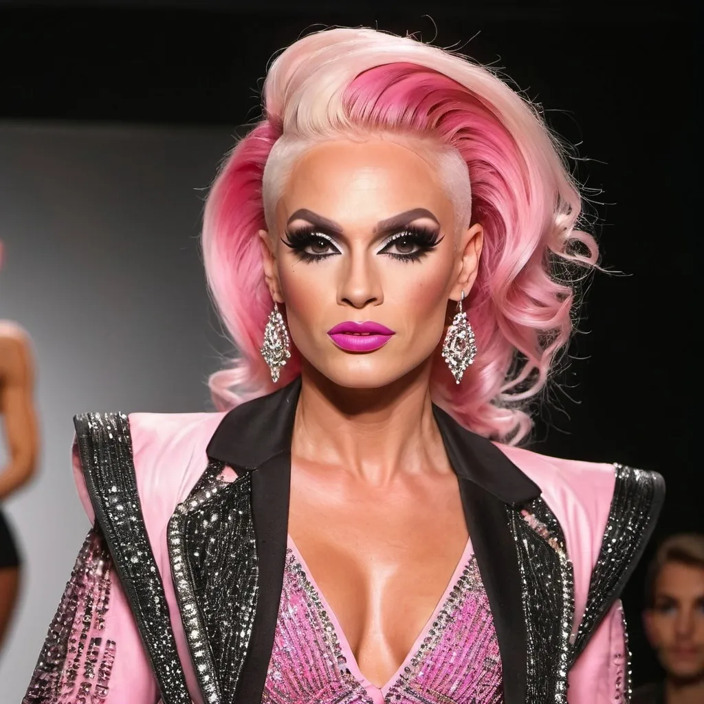 Prompt: Gorgeous statuesque 25-year-old Russian drag queen bodybuilder runway model with pink hair walking the catwalk at a fashion show.