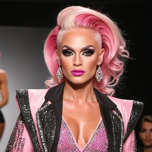 Prompt: Gorgeous statuesque 25-year-old Russian drag queen bodybuilder runway model with pink hair walking the catwalk at a fashion show.