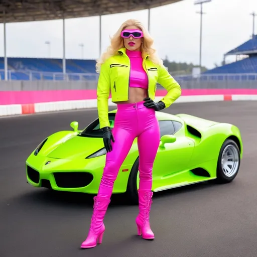 Prompt: Gorgeous muscular 25 year old Italian drag queen (masculine jawline and brow facial features) with large busom and has long blonde hair in a full fringe. She wears a neon yellow racer helmet with goggles, a hot pink leather jacket with a neon green turtleneck and neon green gloves, hot pink skirt with red pants underneath and white boots. She's standing and posing on a racetrack. 