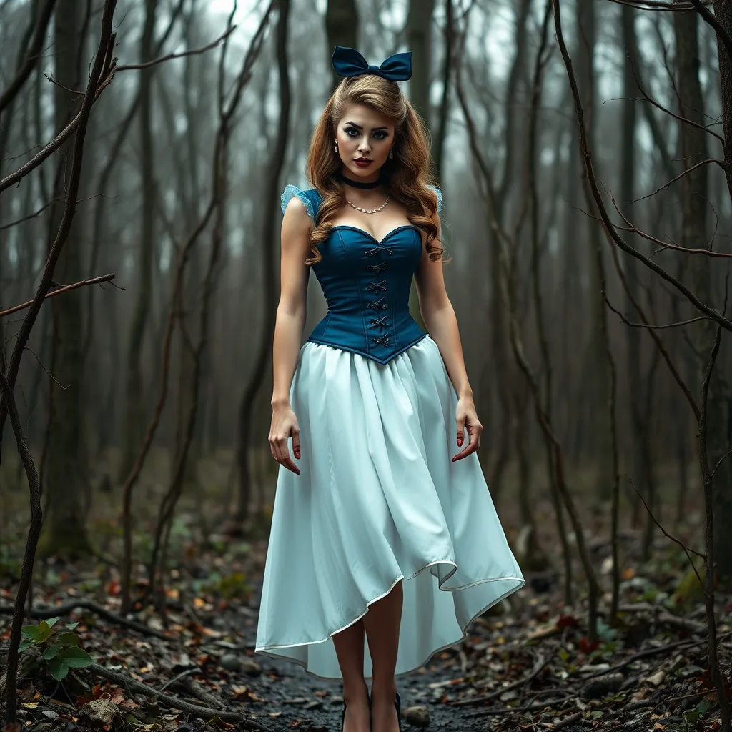 Prompt: Alice in Wonderland transformed into a gorgeous muscular 25-year-old French drag queen (dark eyeshadow and dark lipstick) with large busom, standing and wearing Blue Corset, White Skirt, 8 inch stiletto high heel shoes, masterpiece, in a Creepy Forest,with Dead bloody trees, Beautiful, Ultra HD,16K, Extrêmely detailed,Halfling proportions,