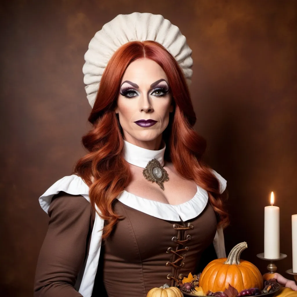 Prompt: Gorgeous muscular 35-year-old British drag queen pilgrim with auburn hair dress in Pilgrim attire and posing at the very first Thanksgiving.