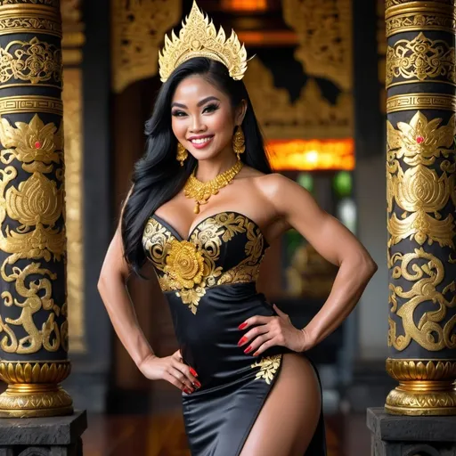 Prompt: Gorgeous ultra-muscular 25-year-old Balinese princess bodybuilder fashion shot in regal avant-garde Kebaya Bali, regal smile, flirtatious, huge busom and ridiculously long shiny black hair, wearing Balinese traditional gold accessories and dress, 8 inch stiletto high heel shoes, lush Balinese landscape and Balinese palace background, intricate Balinese scripture on the walls, backed by traditional Balinese dancers, extra high details, superb unreal rendering, panoramic, atmospheric, ultra HDR, vivid, depth of field, bokeh, ultra realistic appearance, life like appearance, 64 megapixels, moody, romantic
