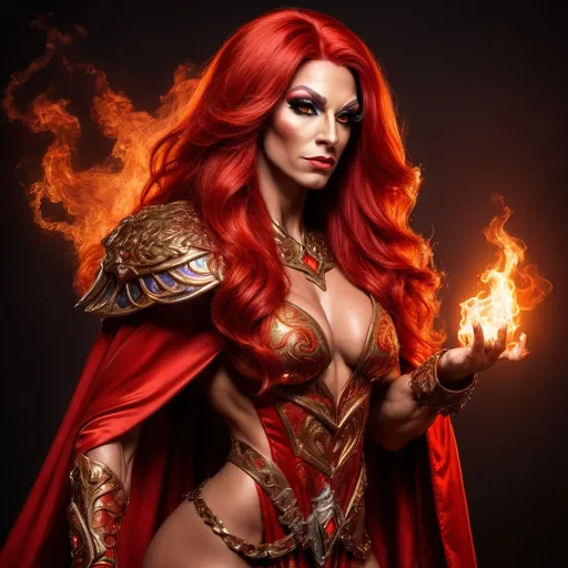 Prompt: Full Body visible, Side Profile, fantasy, olive-skinned-human ((gorgeous muscular 35-year-old French drag queen bodybuilder)), ((detailed drag queen facial features and Dead Glowing Red eyes)) Wizard, long bright brilliant fire Red hair, and with vibrant Brown eyes with a very stern and serious face looking at the viewer, wearing adventurer's intricate Wizard Robes standing casting a powerful Necromancy spell while leading an army of the dead behind him intricate hyper detailed hair, intricate hyper detailed eyelashes, intricate hyper detailed shining pupils #3238, UHD, hd , 8k eyes, detailed face, big anime dreamy eyes, 8k eyes, intricate details, insanely detailed, masterpiece, cinematic lighting, 8k, complementary colours, golden ratio, octane render, volumetric lighting, unreal 5, artwork, concept art, cover, top model, light on hair colourful glamorous hyper detailed, intricate hyper detailed breathtaking colourful leading an army of the dead, ultra-fine details, hyper-focused, deep colours, dramatic lighting, ambient lighting god rays,