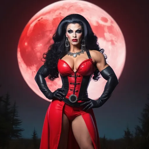 Prompt: a gorgeous muscular 25-year-old Romanian drag queen bodybuilder in a witches costume standing in front of a full moon, promotional art, strong red hue, ign, (dark long curly hair), heavily upvoted, inspired by Greg Staples, bright red, wearing corset, 8 inch stiletto high heel shoes.