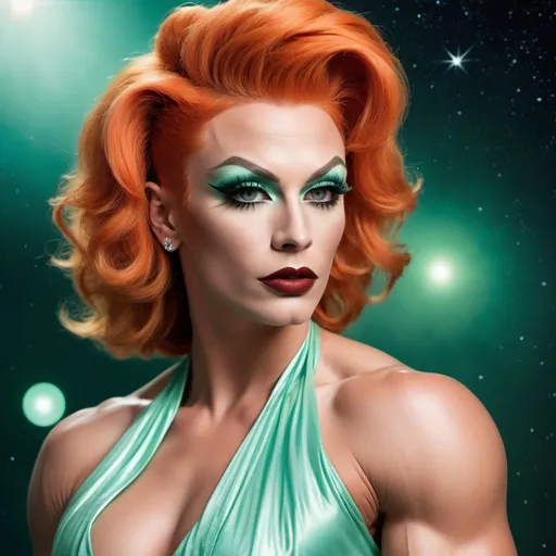 Prompt: James Cagnet dressed up as a Gorgeous ultra-muscular 25-year-old Czechian drag queen bodybuilder with short spiked swept Orange hair wearing a mint green flowy gown, dark eye shadow, heavy mascara, and dark red lipstick, staring at the stars in the sky and feeling content.