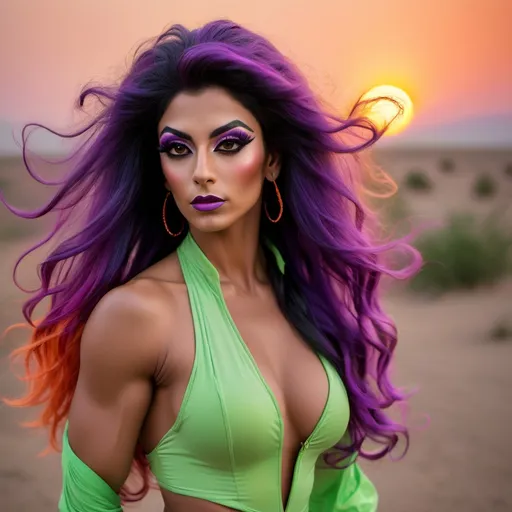 Prompt: Gorgeous ultra-muscular 25-year-old Afghan drag queen bodybuilder with very long black hair (((blowing in the wind))), fair complexion, (light green clothes), smoky background, (sunset) colors with vibrant hues of orange, pink, and purple, serene atmosphere, contrasts of light and shadow, ethereal glow among the curls, HD quality, dreamy and enchanting ambiance.