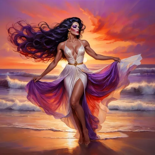 Prompt: (Gorgeous muscular 25-year-old French drag queen dancing), beach at sunset, (dramatic scene), warm golden hues reflecting on the water, soft waves gently lapping at the shore, flowing white dress, black hair blowing in the wind, vibrant sky painted with shades of red and purple, ethereal atmosphere, (highly detailed), capturing the essence of freedom and joy, (4K resolution), serene and blissful ambiance.