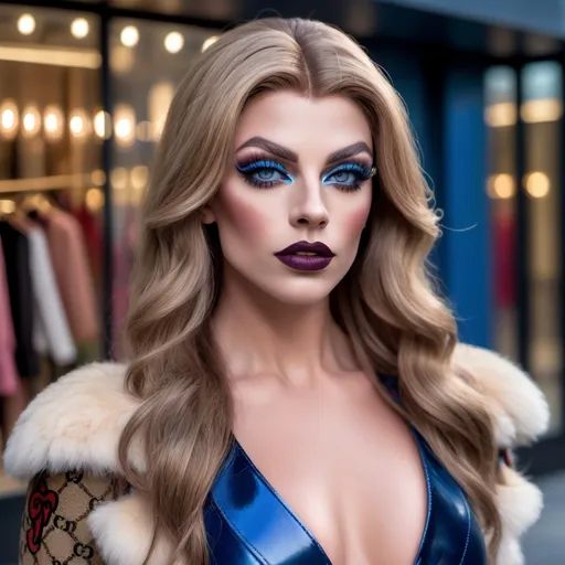 Prompt: A gorgeous muscular 25-year-old French drag queen Instagram influencer with medium busom, dark blonde hair, darkeyeshadow,  heavy mascara, and dark lipstick, blue eyes, photoshoot. in a outdoor fancy area. background Gucci store. 

photorealistic, (realistic skin texture)
high dynamic range.