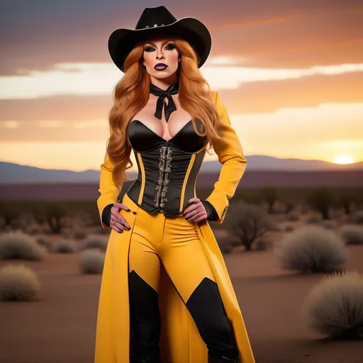 Prompt: (Gorgeous ultra-muscular 25-year-old Swedish drag queen bodybuilder cowgirl with ridiculously long strawberry-blonde hair), standing confidently in a yellow corset and elegant black pants and longcoat, cowboy hat, full body shot, vibrant desert background at sunset, warm golden and crimson tones illuminating the scene, dramatic shadows, ultra-detailed, capturing an adventurous and daring spirit, dynamic pose, rugged leather stiletto high heel boots, striking facial features, showcasing both strength and beauty.