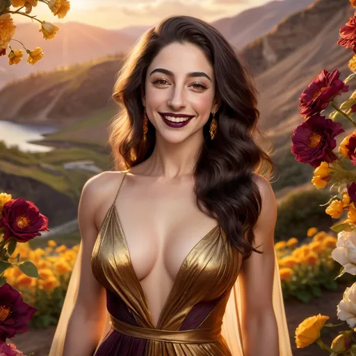 Prompt: A very muscular Esther Povitsky with dark lipstick, showcasing a radiant smile, dressed in a flowing gown that drapes softly around her. The backdrop is a serene landscape bathed in golden sunlight, with vibrant flowers blooming around her. The overall ambiance is warm and inviting, emphasizing her beauty. High quality, ultra-detailed, capturing every nuance and texture in brilliant colors.