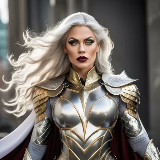 Prompt: a Valkyrie, a powerful, majestic gorgeous drag queen with long, flowing silver hair and piercing green eyes, dark eye makeup, dark red lipstick, muscular physique, perfect body, wearing a suit of armor that shines like gold in the light, perfect body, with intricate engravings of Norse mythology flowing white cape that billows behind her like a cloud. She should be holding a spear in one hand, with a shining silver tip that seems to glow with an otherworldly energy. The background should be a misty, mystical landscape with hills and towering trees, with a faint glow of the Northern Lights,shimmering aura that suggests her connection to the gods and her role as a guide for souls to Valhalla, ultra detailed,14k, sharp focus, cinematic,dslr, glamour shot,