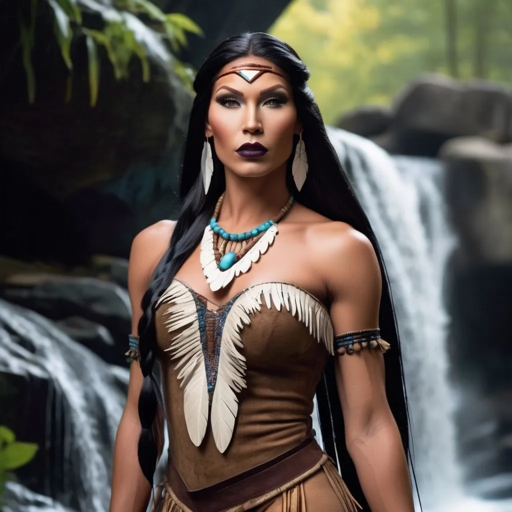 Prompt: What if Pocahontas was a Gorgeous, very muscular, suntanned, 25-year-old, suntanned, Native American drag queen (with strong masculine facial features, dark lipstick, huge busom, dark hair) standing in front of a waterfall. The overall look is elegant and sophisticated.