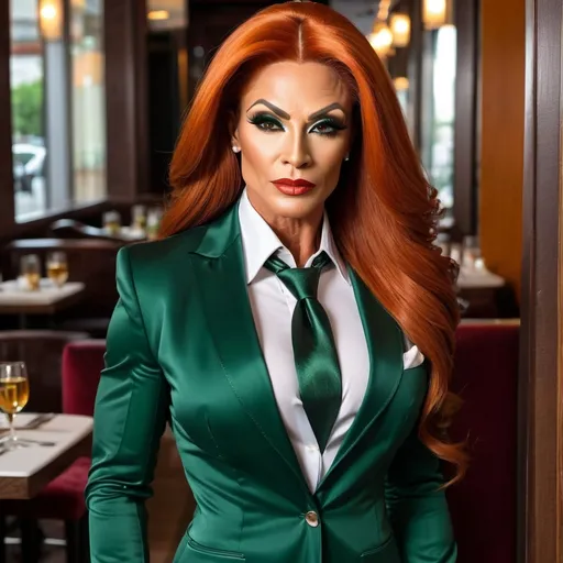 Prompt: Gorgeous ultra-muscular 38-year-old Romanian drag queen bodybuilder, very well endowed, ridiculously long dark orange straight shiny hair, wearing a dark green suit, white Button up dress shirt, dark green color tie, Dark green slacks, and 8 inch stiletto high heel platform shoes, Wide shoulders, full-length, in classy restaurant.