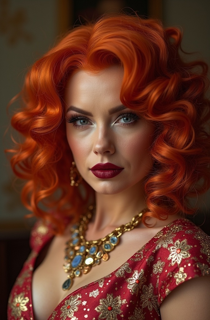 Prompt: I would like to create a beautiful muscular 35-year-old Norwegian drag queen. Full burnt orange curly hair, big busom, and full burgundy lipstick, designer gucci pattern outift gucci designer outfit