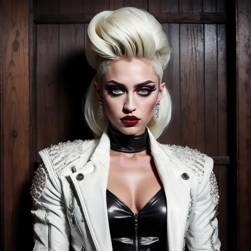 Prompt: (gothic art), imagine Mylie Cyrus dressed as a gorgeous ultra-muscular 25-year-old Swedish drag queen bodybuilder with (striking dark red makeup and lipstick), wearing a (white jacket) draped over her head, (mysterious gaze) directed at the camera, (dramatic pastel colors), (moody ambiance), rich textures, (ultra-detailed wooden floor) in the background, evoking an eerie yet captivating vibe, (high quality) image, beautifully composed and expressive.