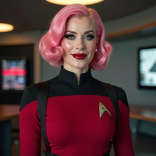 Prompt: Gorgeous ultra-muscular 25-year-old Czechian drag queen, Star Trek Uniform, harness:1.4, full lips, short swept over pink hair, heavy mascara, dark eyeshadow, dark red lipstick, Bridge Command Center Background, instagram pose, smiling, raw photo, sharp focus on eyes, film grain, magazine cover, high quality, clothing details, fine fabric, full body, art student, (official art, extremely detailed CG unity 8k wallpaper), beautifully detailed eyes, detailed fine nose, detailed fingers, (8k), (best quality), ( masterpiece:1.2), (realistic), ( photorealistic:1.57), extremely detailed handsome gentlebeing, couture, magazine cover, textless, high quality, clothing details, fine fabric, full body, 8k, cinematic lighting (high detailed skin:1.1) ,Enhance,Golden Inspiration