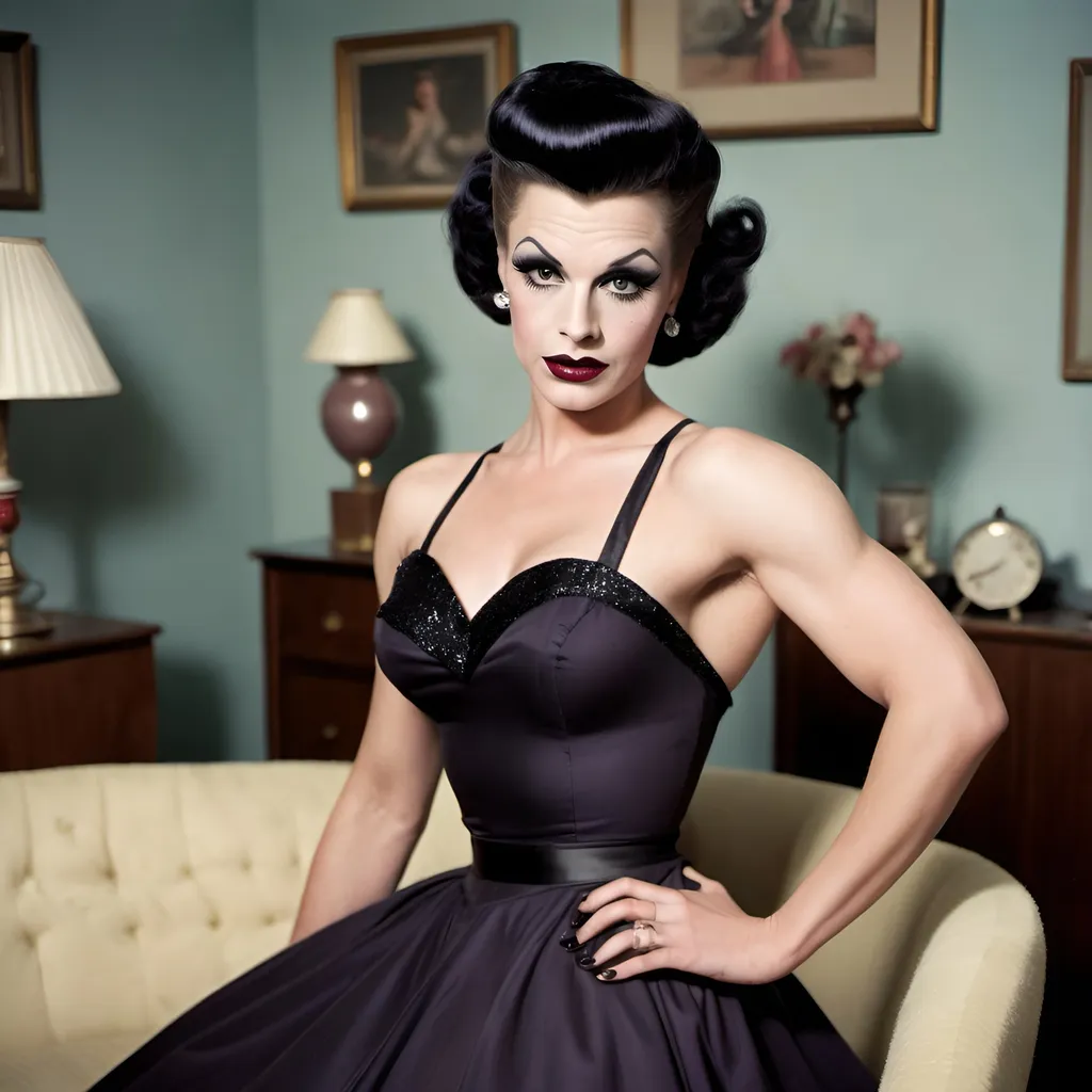 Prompt: A gorgeous muscular 30-year-old Czechian drag queen housewife (((dark eyeshadow and dark lipstick))) in the 1950s wearing a solid sweetheart swing dress. Posing in the living room.