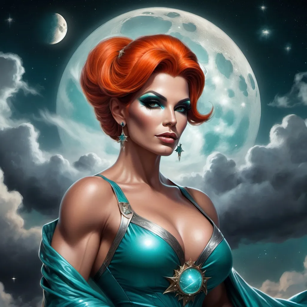 Prompt: The Queen Of Time And Space, a gorgeous muscular drag queen (with strong masculine facial features), Dark orange hair and big busom, in a Teal dress standing in a field of clouds and stars with a full moon behind her, Anne Stokes, fantasy art, epic fantasy character art, concept art