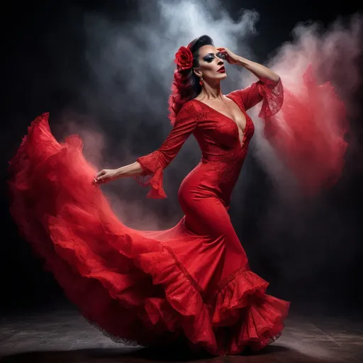 Prompt: a beautiful and sensual 35-year-old drag queen flamenco dancer in red dress dancing gracefully, dark minimalist background, gorgeous detailed face features, background space around her, 
Splash art, hyper detailed, ultra realistic, highly detailed, surreal heavy mist,
Perfect studio lighting, perfect shading, impeccable contrast, HDR, UHD, high res, 64k